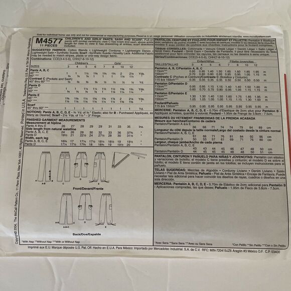 McCalls Pattern 4577 Sizes 7-12 Children & Girls Pants Sash Scarf 2004 - Picture 2 of 3